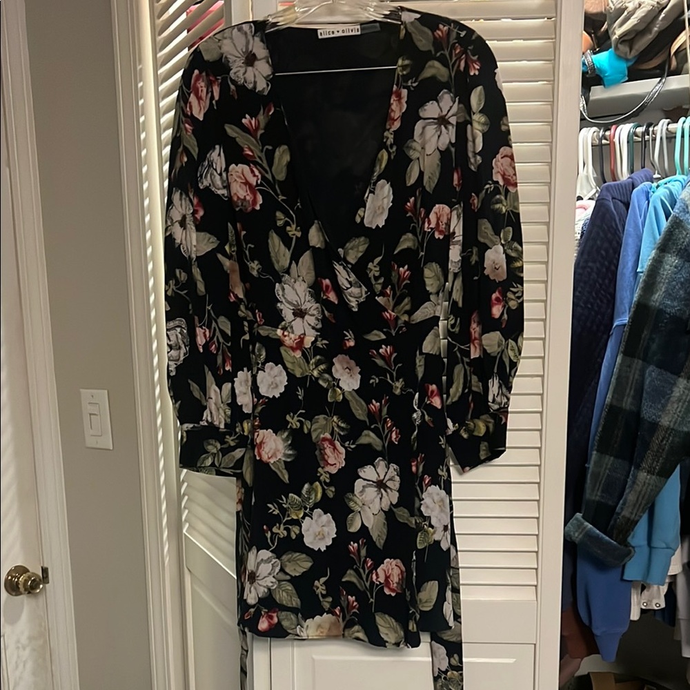 Alice + Olivia Black Sheath Dress with Bishop Sleeves and Plunge Neckline